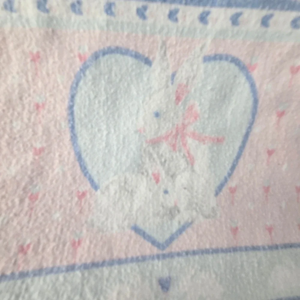 Vintage 1989 Genesis Inc Baby Blanket Pink Blue Stripe Bunny Heart Flannel 34x38